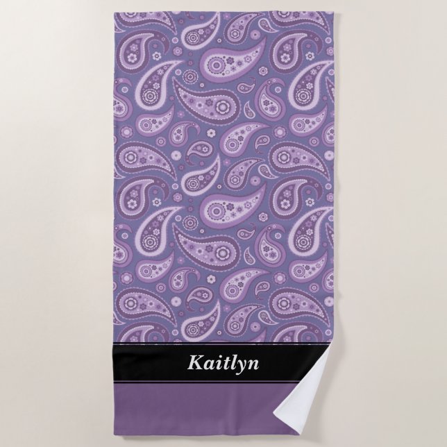 Personalised Purple Paisley Pattern Beach Towel (Front)