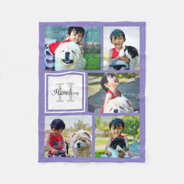 Personalised Purple Photo Collage Monogrammed Gift Fleece Blanket (Front)