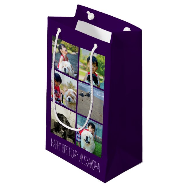 Personalised Purple Photo Mosaic Picture Collage Small Gift Bag (Front Angled)