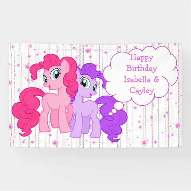 Personalised Purple & Pink Pony Twins Birthday Banner (Horizontal)