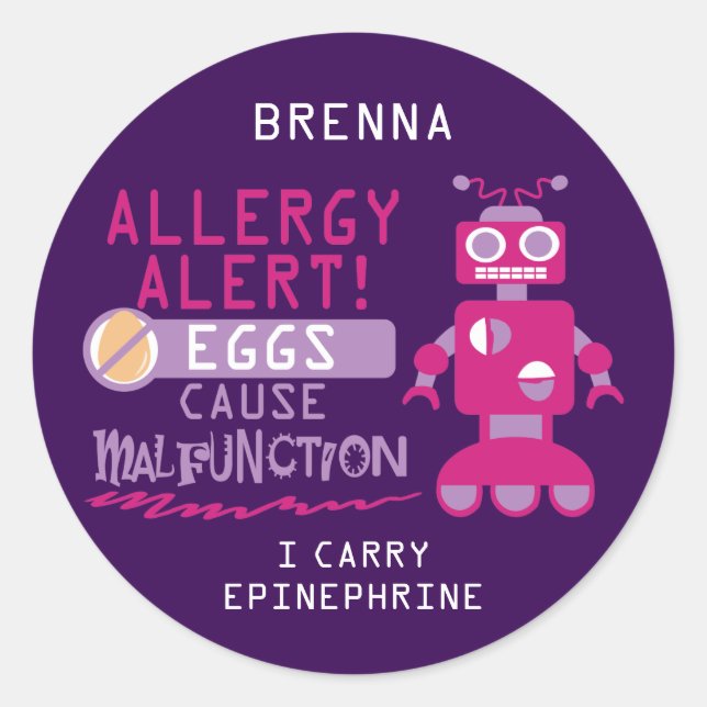 Personalised Purple Pink Robot Egg Allergy Alert Classic Round Sticker (Front)