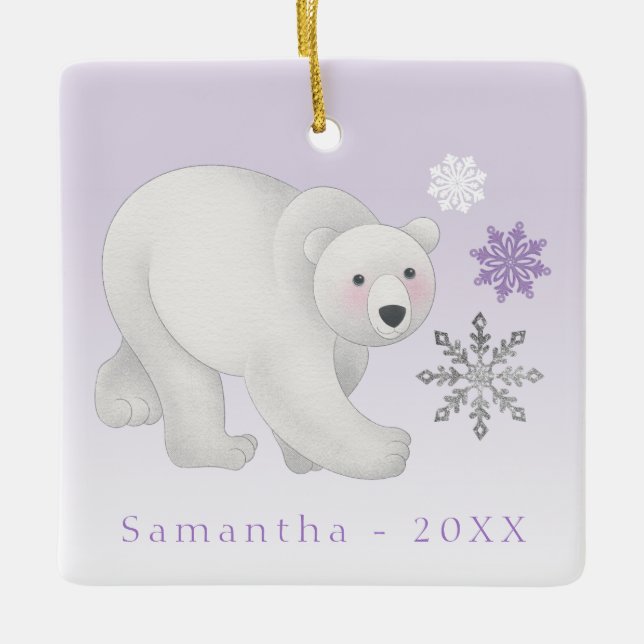 Personalised Purple Polar Bear Ceramic Ornament (Front)
