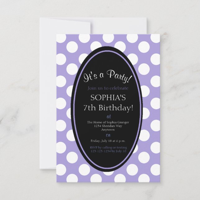 Personalised Purple Polka Dot Party Invitation (Front)
