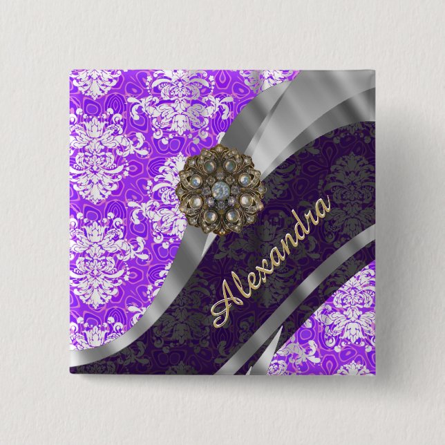Personalised purple pretty girly damask pattern 15 cm square badge (Front)