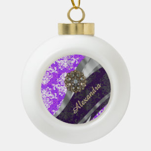 Personalised purple pretty girly damask pattern ceramic ball christmas ornament