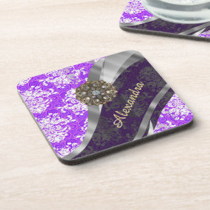 Personalised purple pretty girly damask pattern coaster