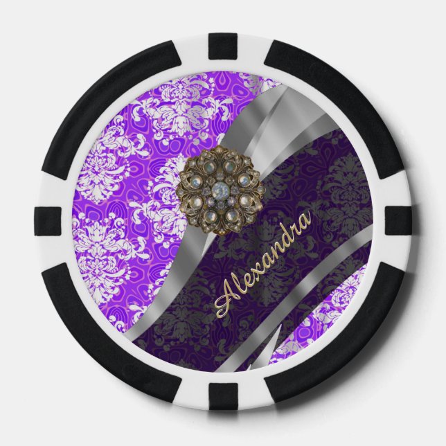 Personalised purple pretty girly damask pattern poker chips (Front)