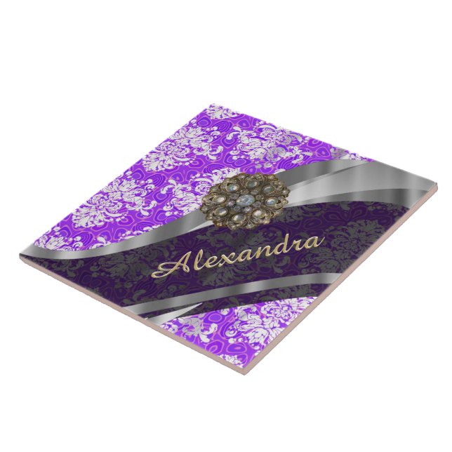 Personalised purple pretty girly damask pattern tile (Side)