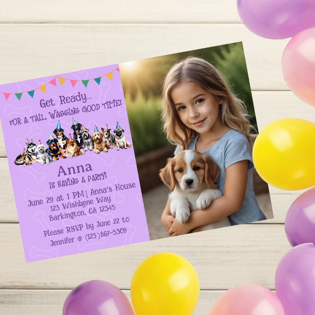 Personalised Purple Puppy Dog Birthday Invitation (Creator Uploaded)