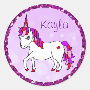 Personalised Purple Rainbow Horned Unicorn Heart Classic Round Sticker