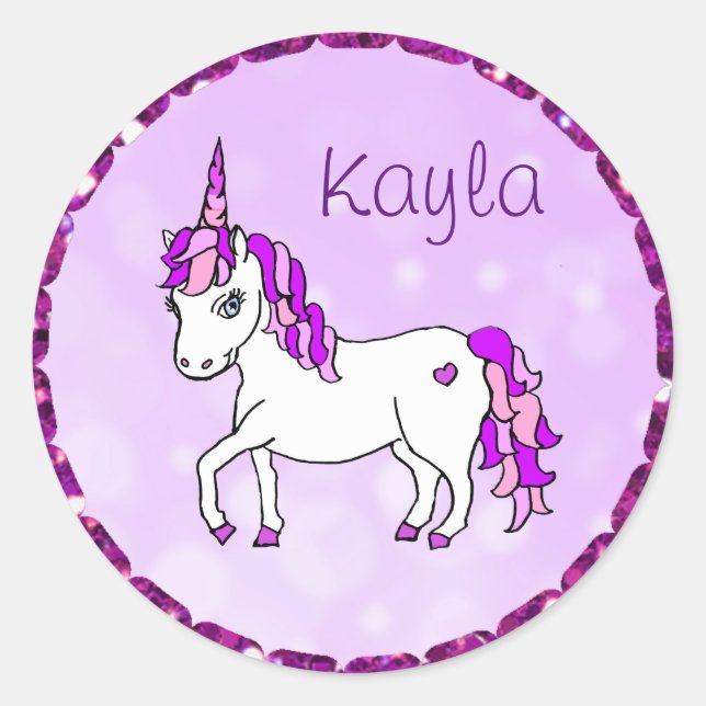 Personalised Purple Rainbow Horned  Unicorn Heart Classic Round Sticker (Front)