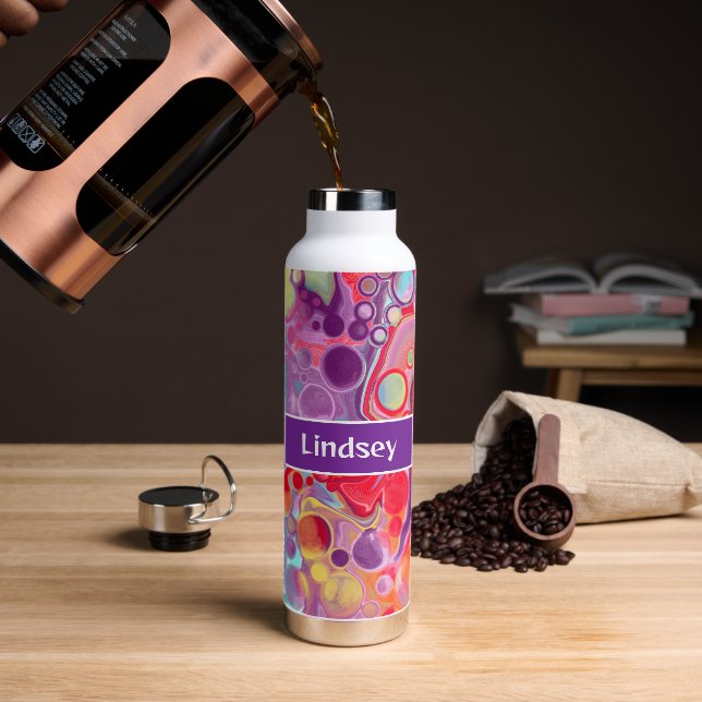 Personalised Purple Red Pour Painting Fluid Art  Water Bottle (Coffee)