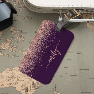 Personalised Purple Rose Gold Glitter Signature Luggage Tag
