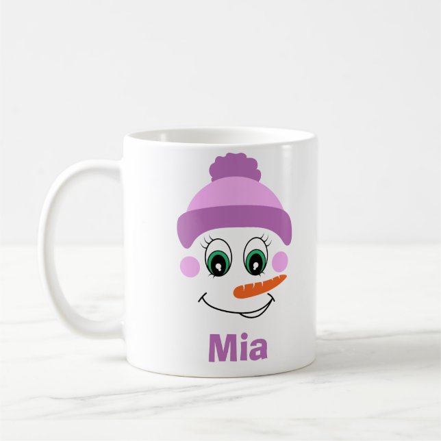 Personalised Purple Snowman Hat Custom Name Coffee Mug (Left)