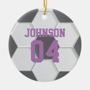 Personalised Purple Soccer Ball Christmas Ceramic Ornament