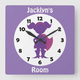 Personalised Purple Superhero Girl Kids Room Square Wall Clock