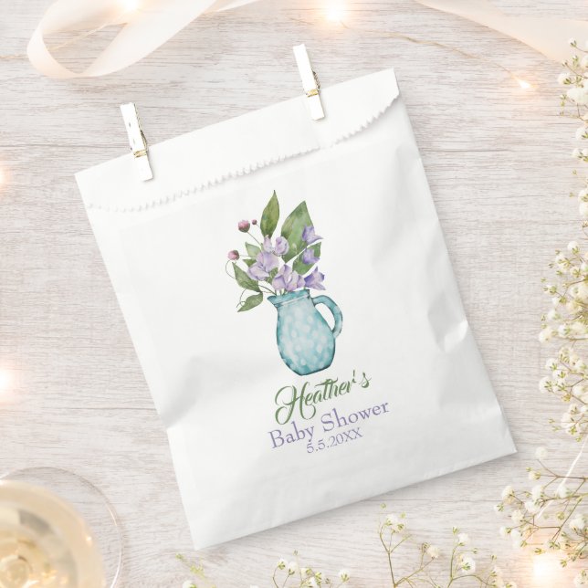 Personalised Purple Sweet Pea Flowers Baby Shower Favour Bag (Clipped)