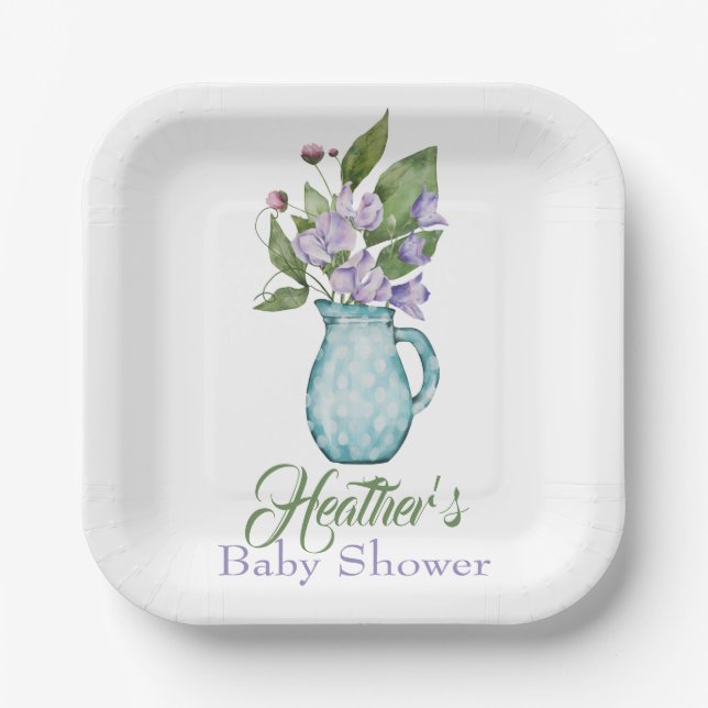 Personalised Purple Sweet Pea Flowers Baby Shower Paper Plate (Front)