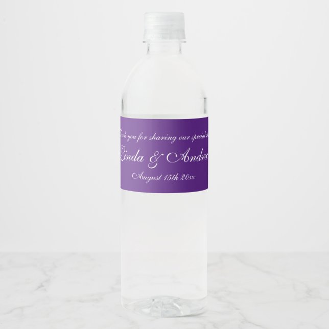 Personalised purple two heart wedding party favour water bottle label (Front)