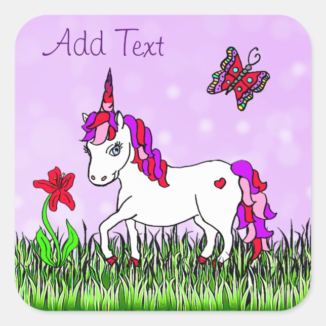 Personalised Purple Unicorn, Flowers and Butterfly Square Sticker (Front)