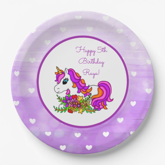 Personalised Purple Unicorn Happy Birthday Paper Plate (Front)