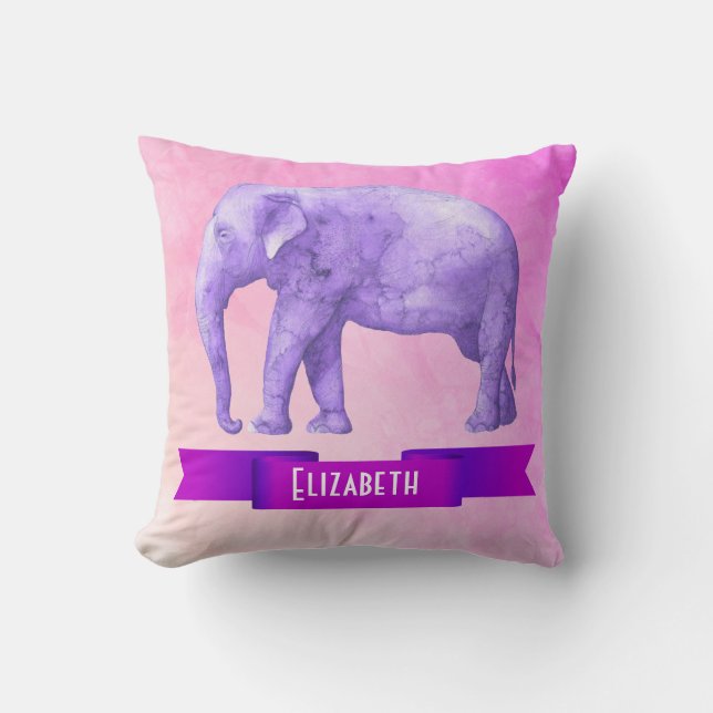 Personalised Purple Watercolor Elephant on Pink Cushion (Front)