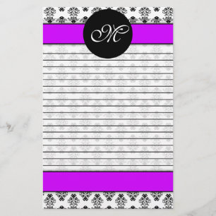 Personalised Purple & White Damask Lined Monogram Stationery