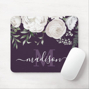 Personalised Purple White Floral Name Monogram Mouse Pad