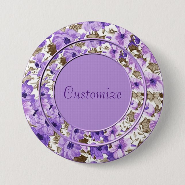 Personalised Purple & White Floral Round Button (Front)