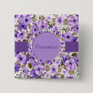 Personalised Purple & White Floral Square Button