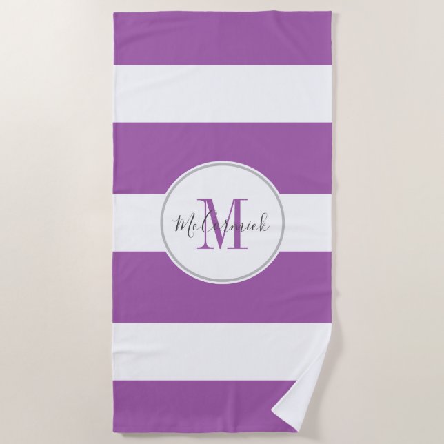 Personalised Purple White Hand Lettered Script Beach Towel (Front)