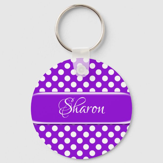 Personalised Purple White Polka Dot Keychain (Front)