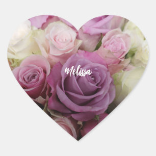 Personalised purple & white roses romantic floral heart sticker