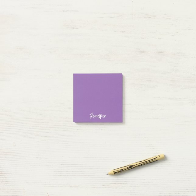 Personalised Purple White Script Name Post-it Notes (On Desk)