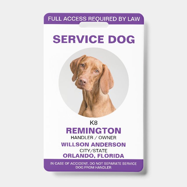 Personalised purple White Service Dog Photo ID Badge (Front)