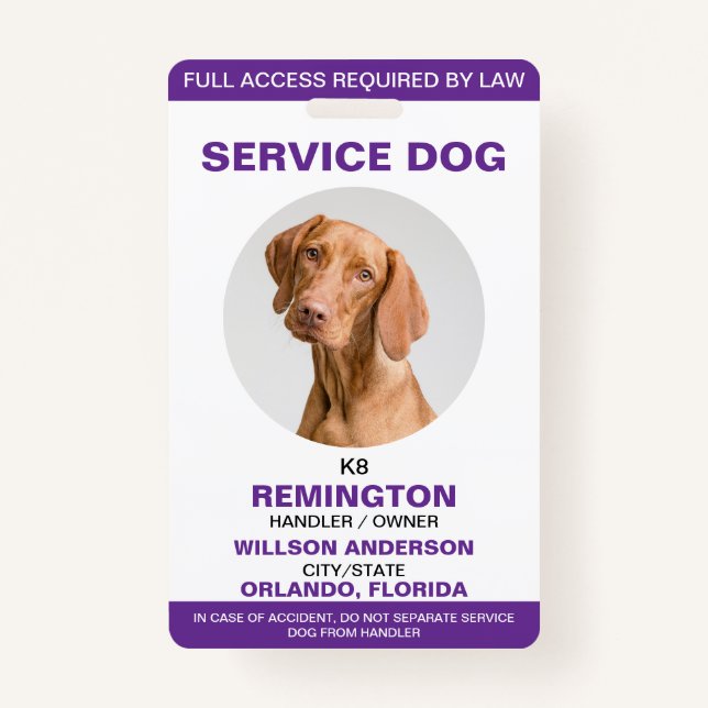 Personalised purple White Service Dog Photo ID ID Badge (Front)