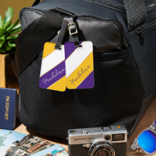 Personalised Purple White Yellow Gold Stripe Luggage Tag