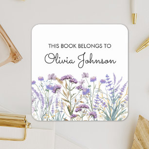Personalised Purple Wildflower Floral Bookplate Square Sticker