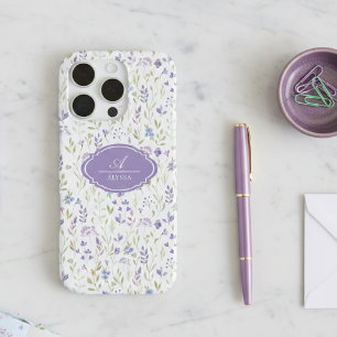 Personalised Purple Wildflower Monogram iPhone 16 Pro Case