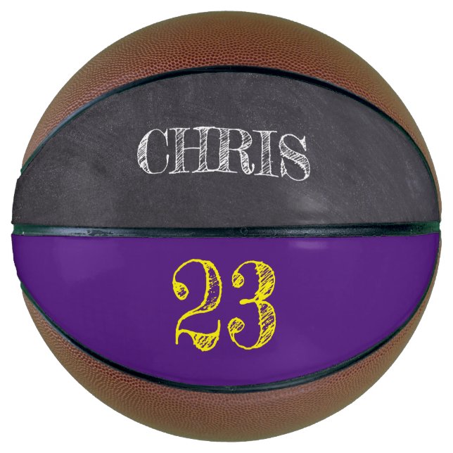 Personalised Purple Yellow Gold Number etching Basketball (Front)