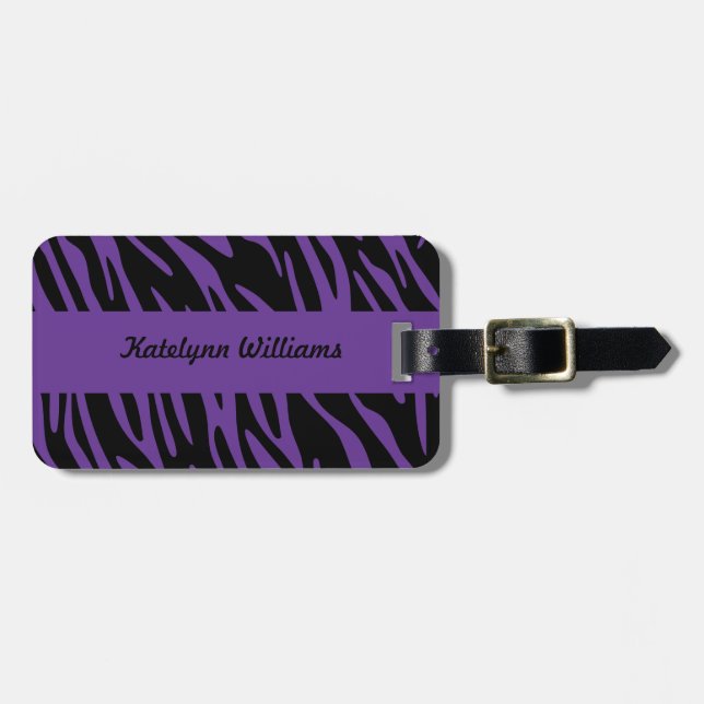 Personalised Purple Zebra Stripe Luggage Tag (Front Horizontal)