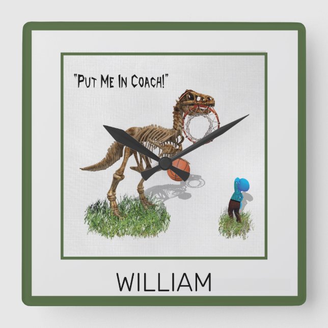 Personalised "Put Me in Coach" Dinosaur Art Square Square Wall Clock (Front)
