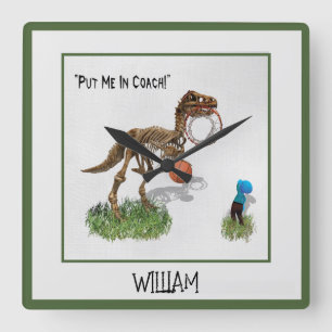 Personalised "Put Me in Coach" Dinosaur Art Square Wall Clock