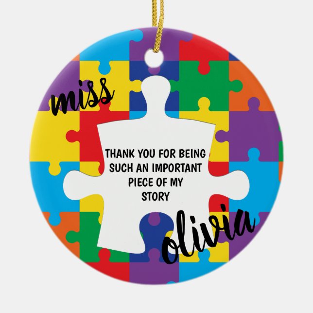 Personalised Puzzle Autism Teacher Ceramic Ornament (Front)