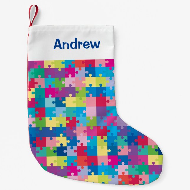 Personalised Puzzle Pattern Autism Awareness Small Christmas Stocking (Front)