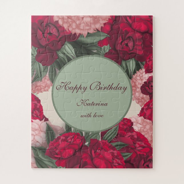 Personalised puzzles birthday. Wonderful peonies. (Vertical)