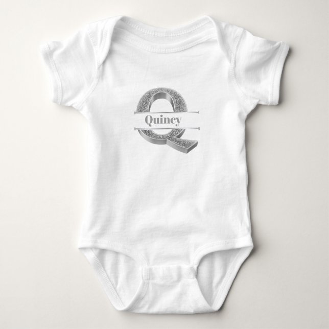 Personalised Q Initial Silver Monogram Your Name Baby Bodysuit (Front)