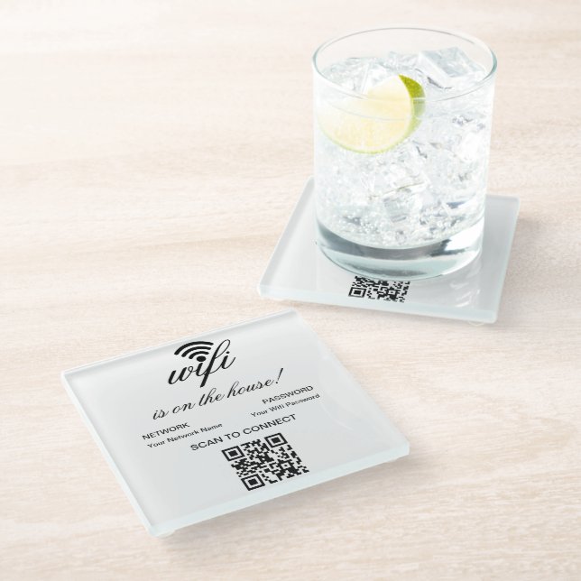 Personalised QR Code Wifi Internet Scan to Connect Glass Coaster (Angled)