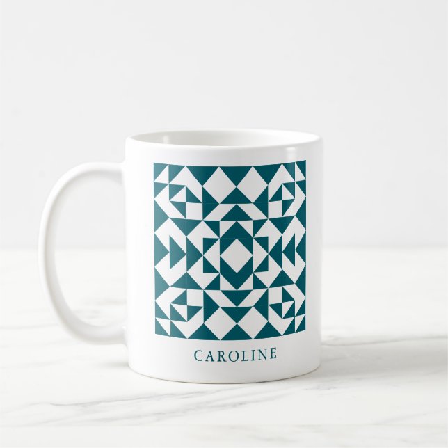 Personalised Quilt Block Gift for Quilter Teal Coffee Mug (Left)