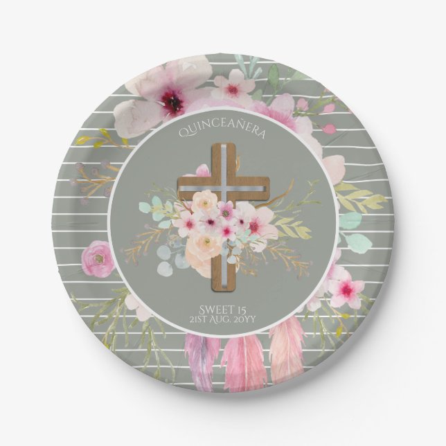Personalised QUINCEANERA Gifts - Floral Cross Paper Plate (Front)